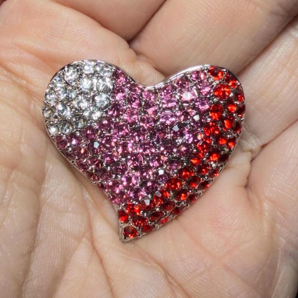 Heart Brooch Tricolor Rhinestone Ombre Statement Pin 1.25”